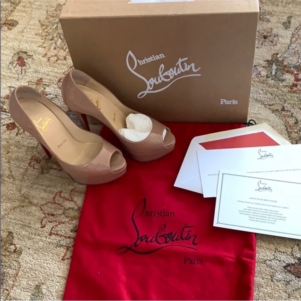 Christian Louboutin Nude Patent Peep-Toe Platform Pumps